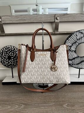 Michael Kors Austen Vanilla MK Logo Satchel with Brown Trim